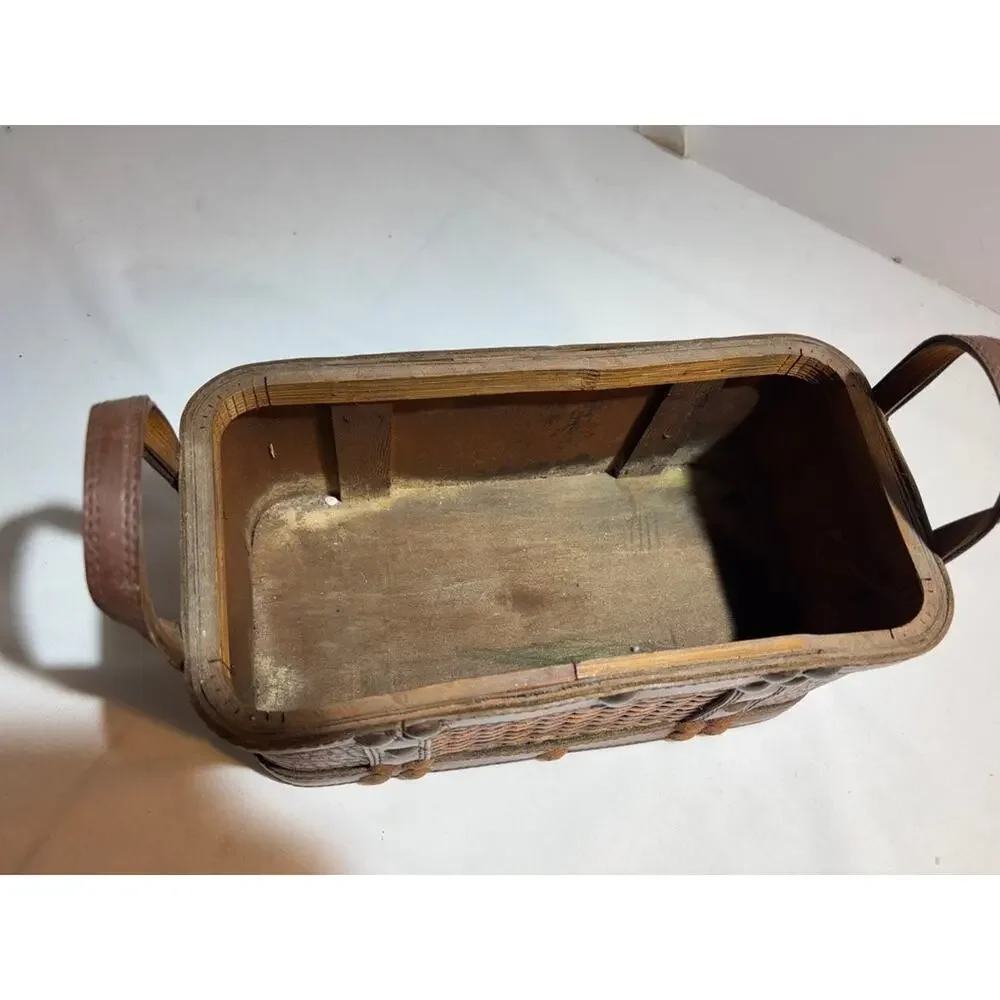 Vintage Wooden Basket with Leather Accents by Burton & Burton